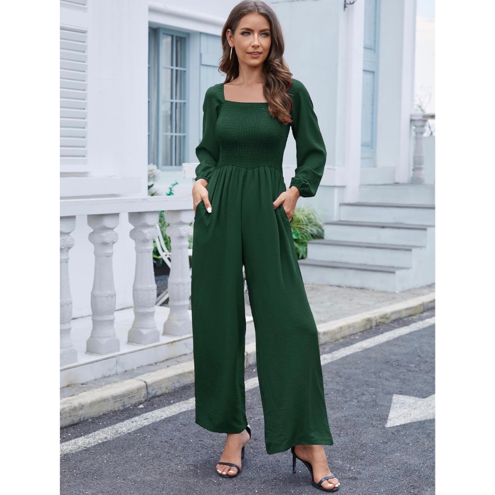 AUXDiO Women's Long Sleeve Wide Leg Smocked‎ Waist Jumpsuit Emerald